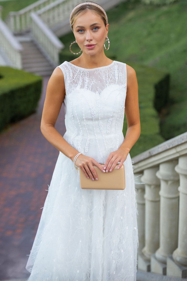 Graceful Crew Neck Sleeveless Beaded Feather Cocktail Party Midi Dress - White