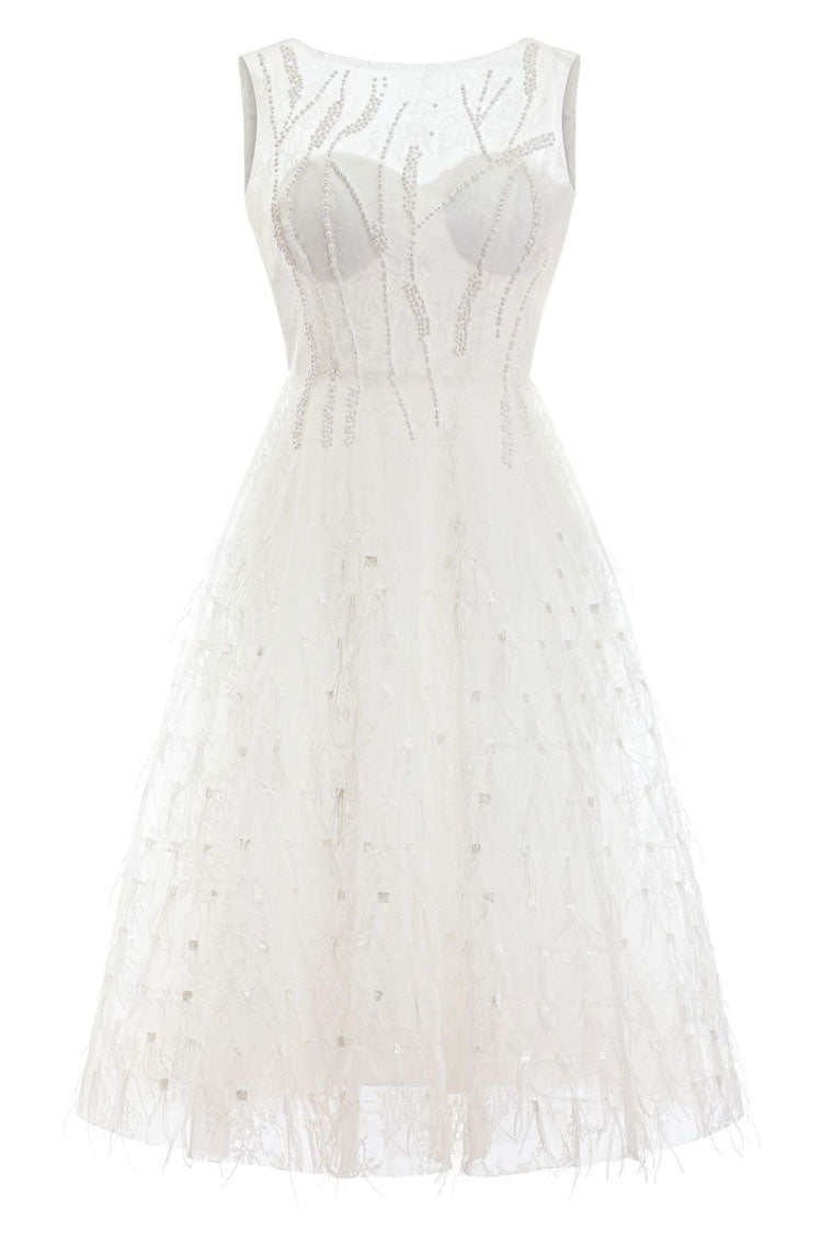 Graceful Crew Neck Sleeveless Beaded Feather Cocktail Party Midi Dress - White