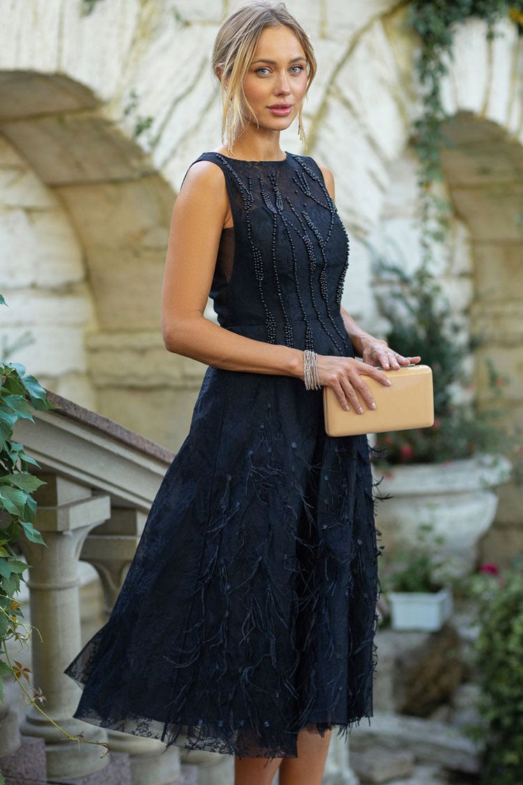 Graceful Crew Neck Sleeveless Beaded Feather Cocktail Party Midi Dress - Black