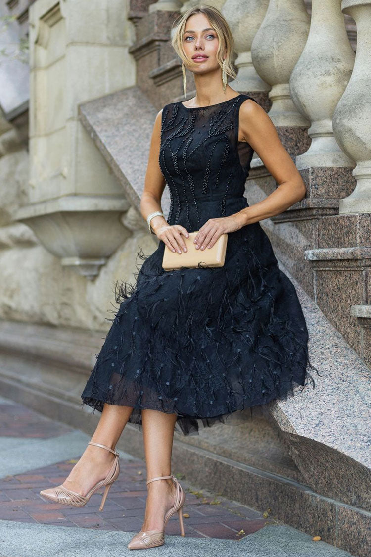 Graceful Crew Neck Sleeveless Beaded Feather Cocktail Party Midi Dress - Black