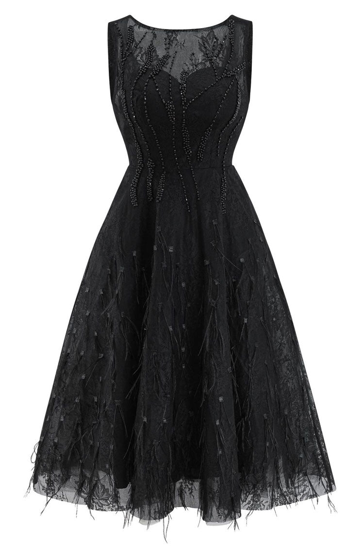 Graceful Crew Neck Sleeveless Beaded Feather Cocktail Party Midi Dress - Black