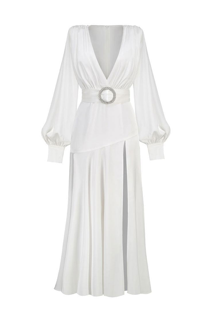 Graceful Deep V Bishop Sleeve High Split Evening Maxi Dress - White