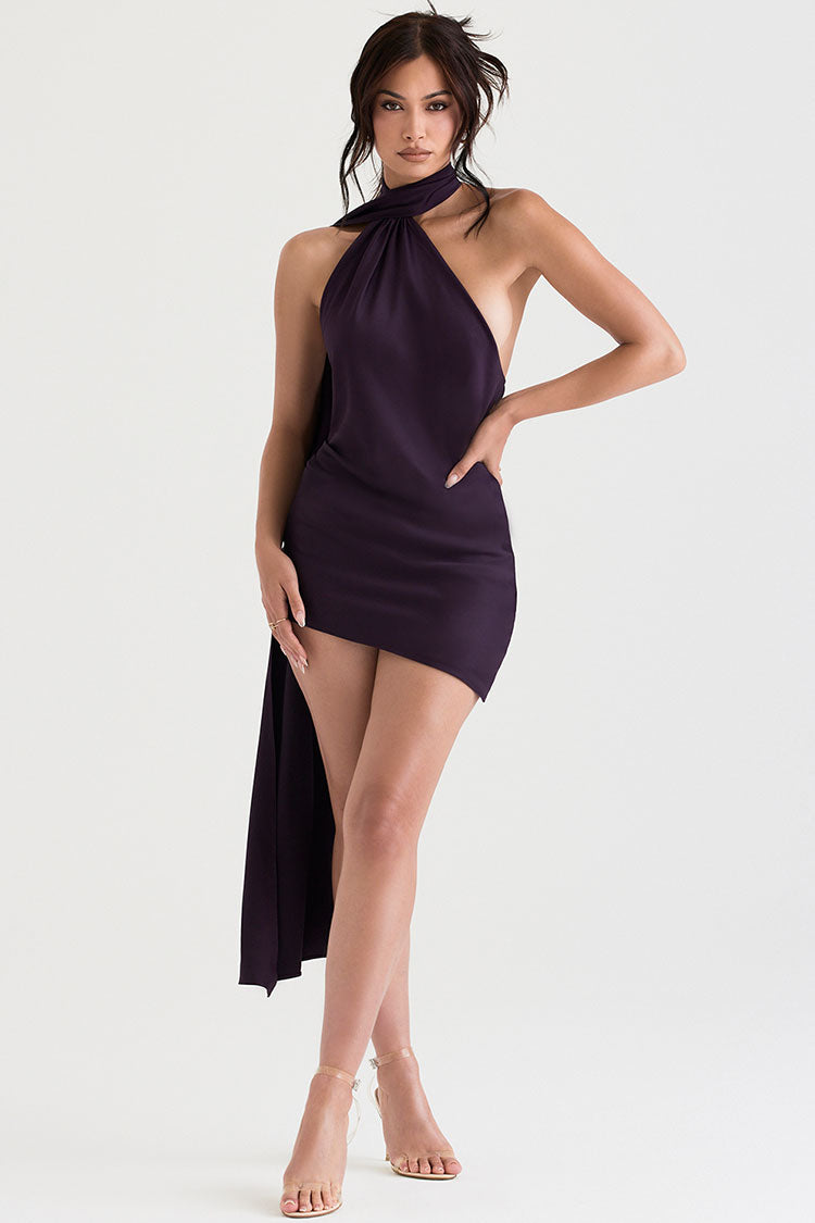 Sophisticated Draped Backless Wrap Halter Tie Satin Mini Dress - Purple