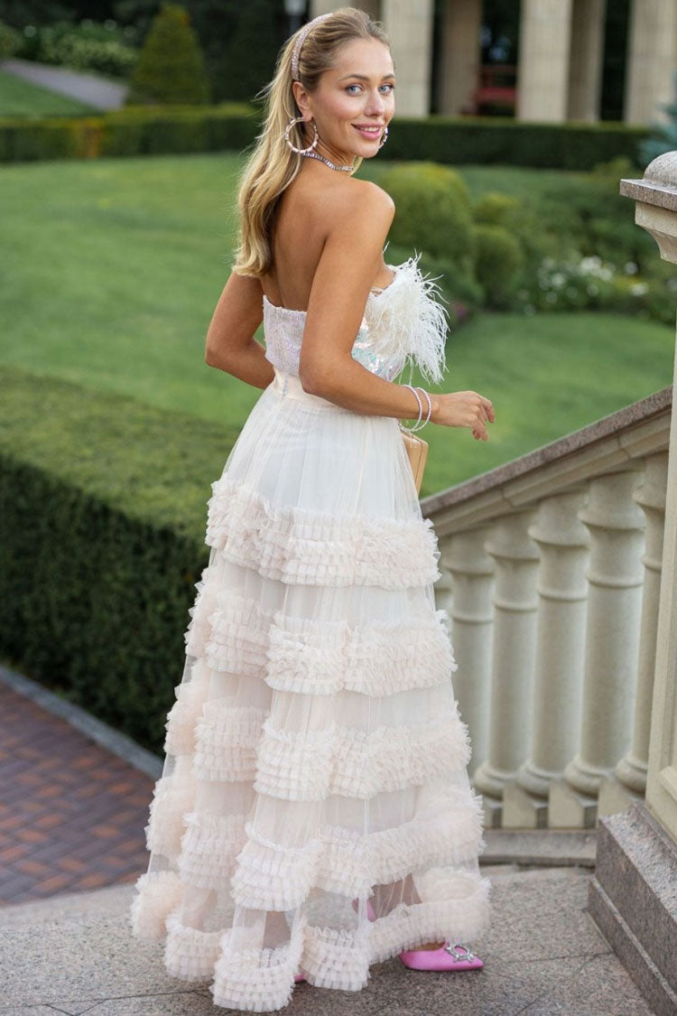 Graceful Feather Strapless Sequin Tiered Ruffle Tulle Evening Maxi Dress - Apricot