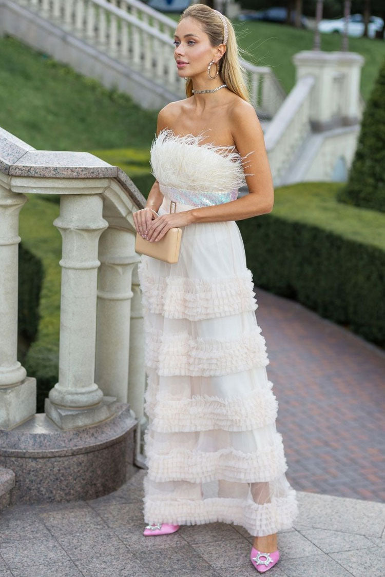 Graceful Feather Strapless Sequin Tiered Ruffle Tulle Evening Maxi Dress - Apricot