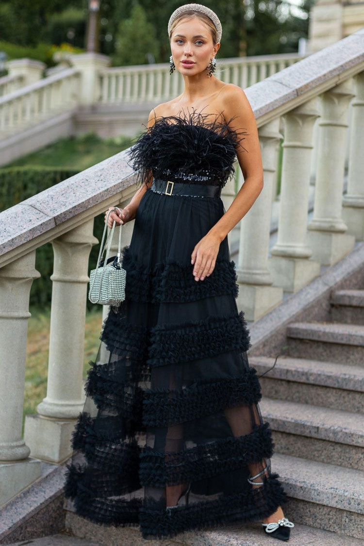 Graceful Feather Strapless Sequin Tiered Ruffle Tulle Evening Maxi Dress - Black