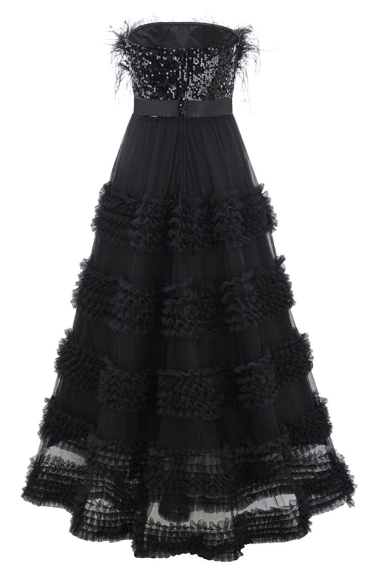 Graceful Feather Strapless Sequin Tiered Ruffle Tulle Evening Maxi Dress - Black