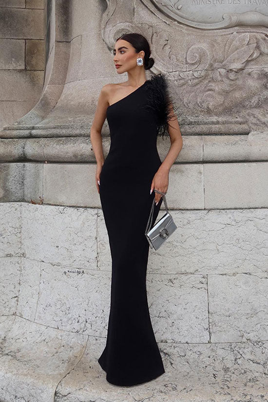 Graceful Feather Trim One Shoulder Back Split Gown Formal Maxi Dress - Black