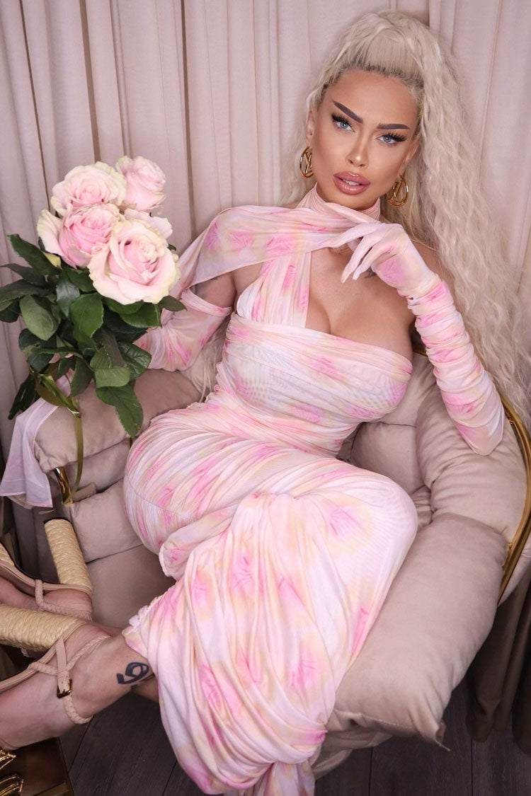 Graceful Glove Draped Halter Floral Mesh Ruched Formal Maxi Dress - Pink