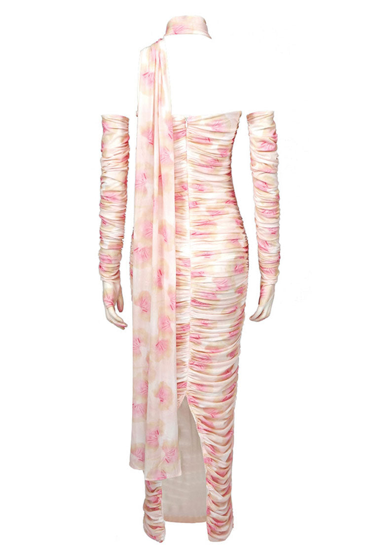 Graceful Glove Draped Halter Floral Mesh Ruched Formal Maxi Dress - Pink