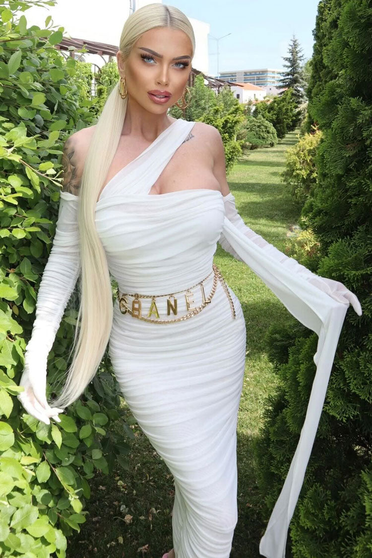 Graceful Glove Draped Halter Mesh Ruched Bodycon Formal Maxi Dress - White