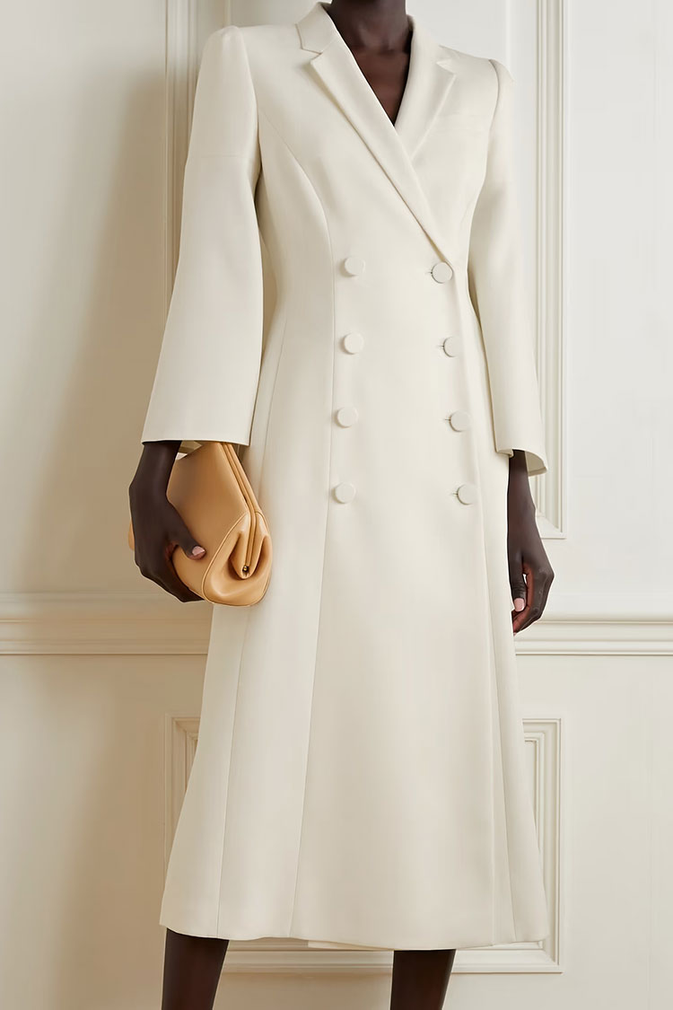 Graceful Lapel Collar Bell Sleeve Double Breasted Tailored Blazer Midi Dress - White