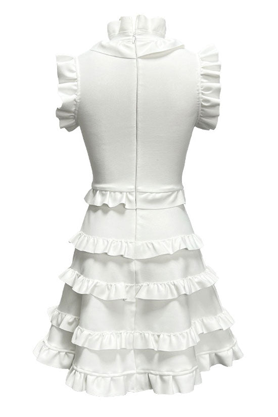 Refined Layered Ruffle High Neck A Line Sleeveless Bandage Party Mini Dress - White