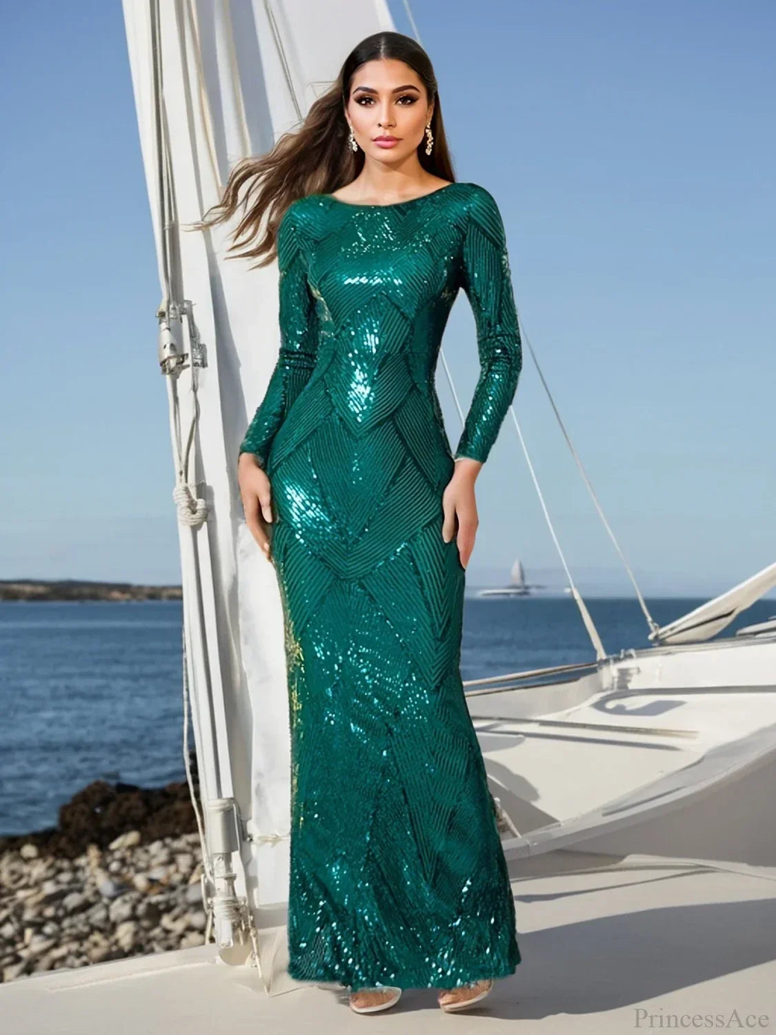 Graceful O Neck Long Sleeves Evening Prom Bodycon Dress Green Party Dress