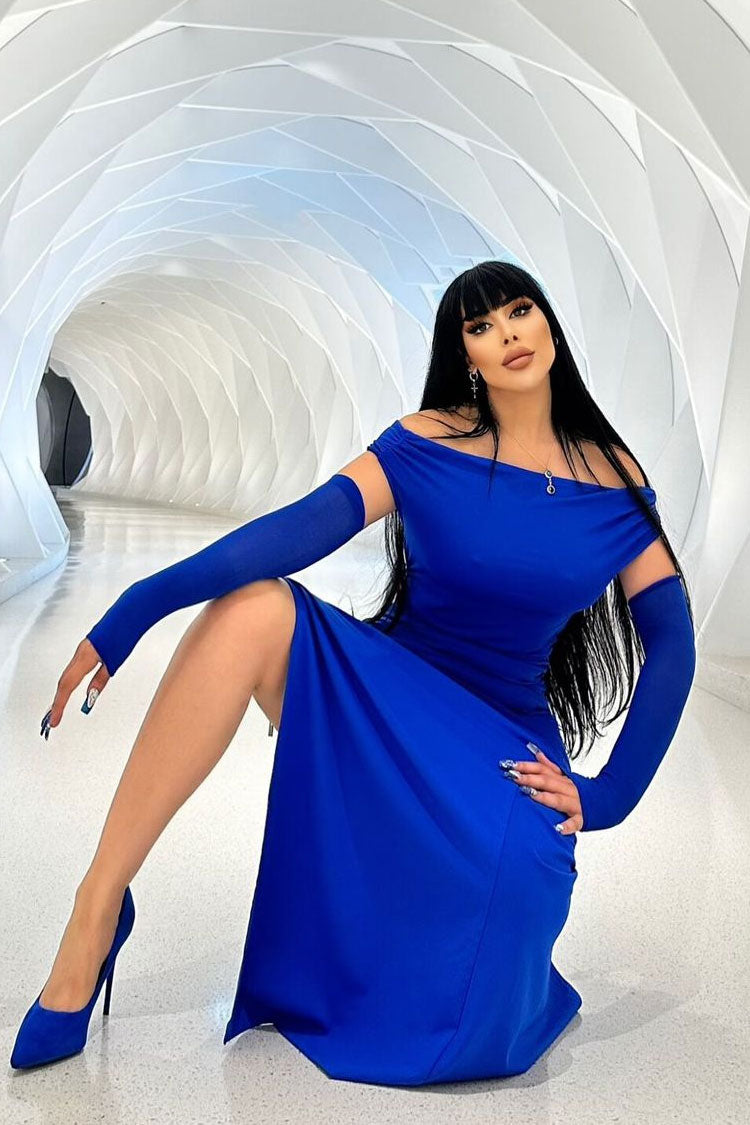 Refined Off Shoulder Ruched Size Zip Split Evening Maxi Dress - Royal Blue