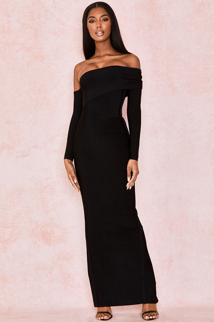 Refined Off Shoulder Slit Back Bandage Maxi Evening Dress - Black