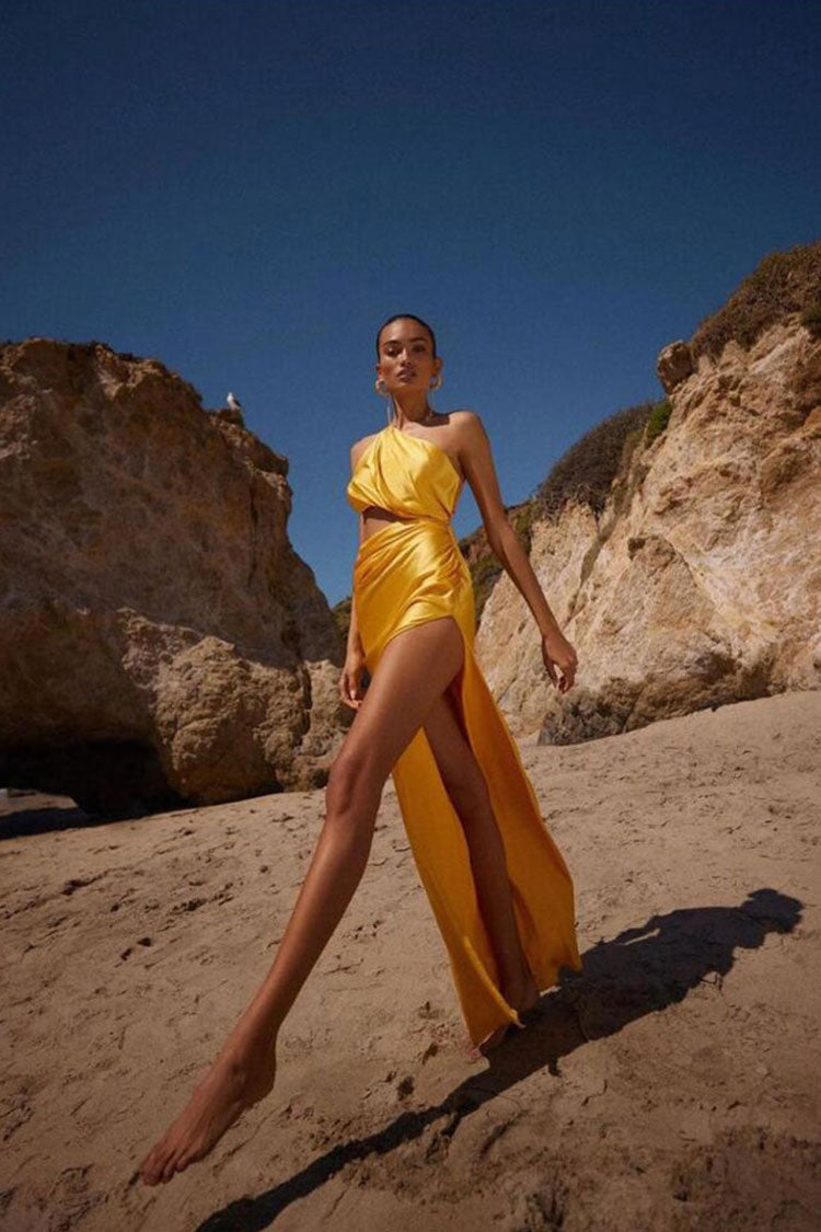 Chic One Shoulder Cutout High Split Silky Satin Evening Maxi Dress - Yellow