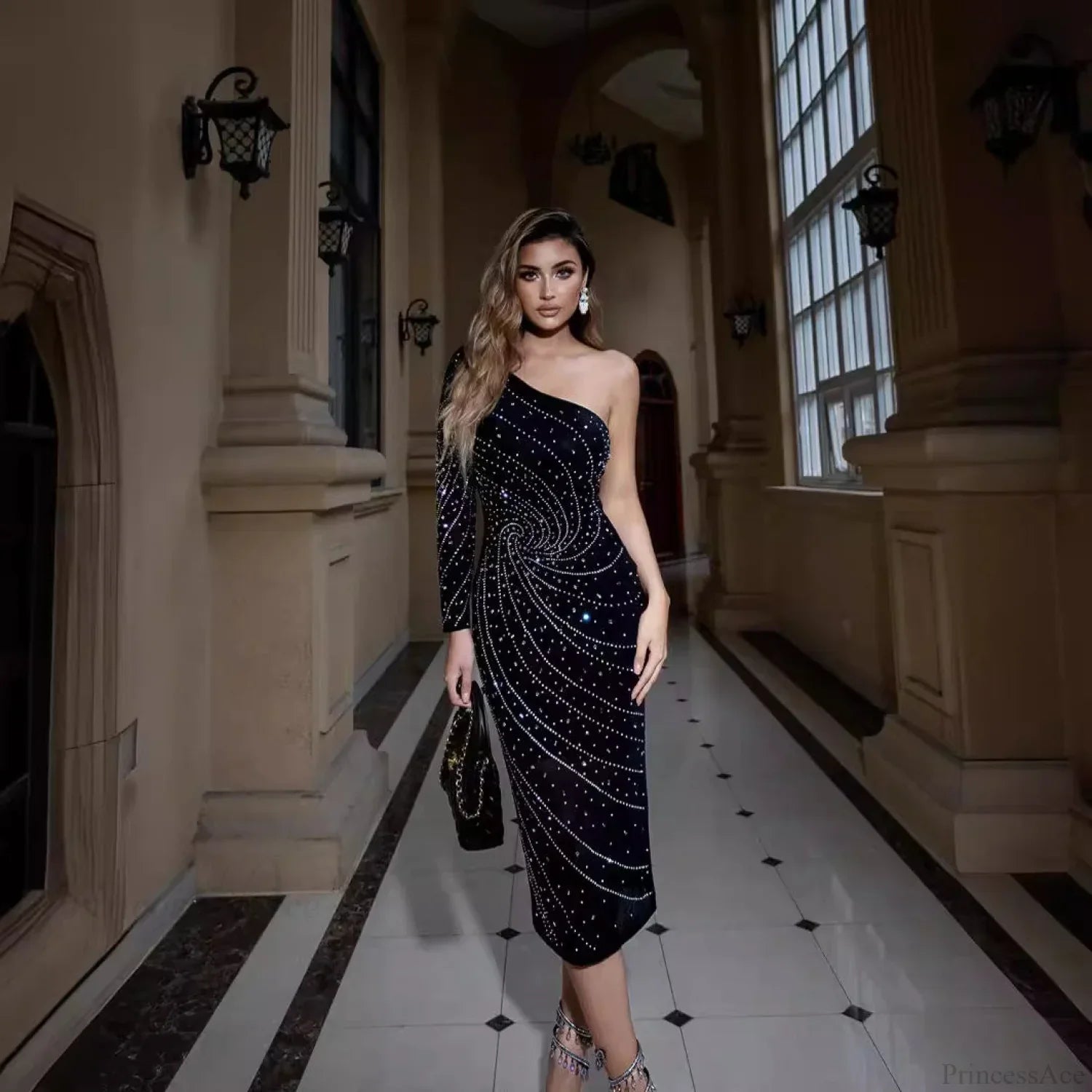 Graceful One-Shoulder Rhinestone Slimming Dress Prom Dress