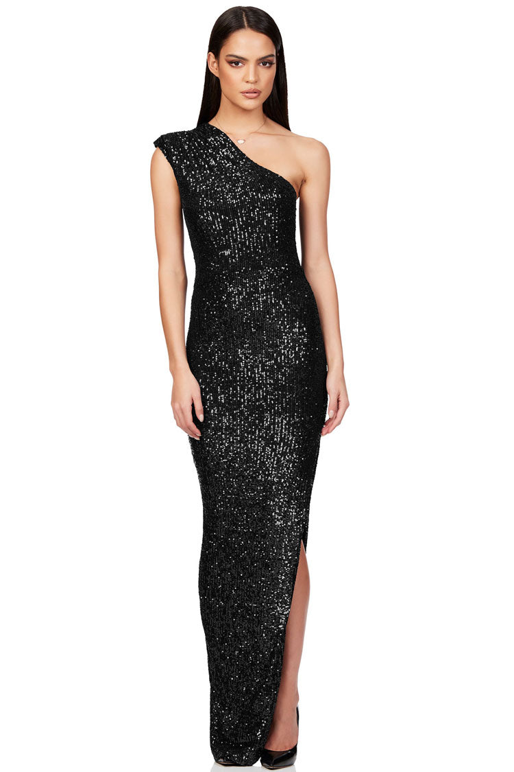Chic Padded One Shoulder Split Sequin Evening Maxi Dress - Black