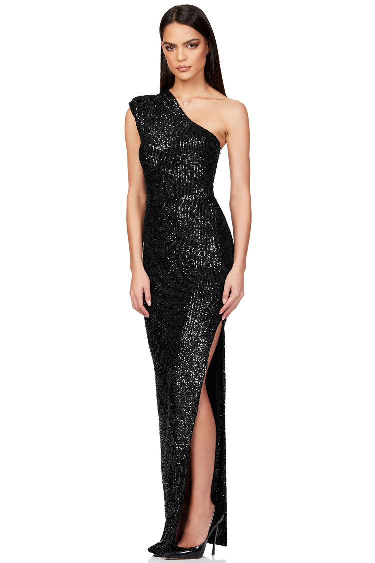 Chic Padded One Shoulder Split Sequin Evening Maxi Dress - Black