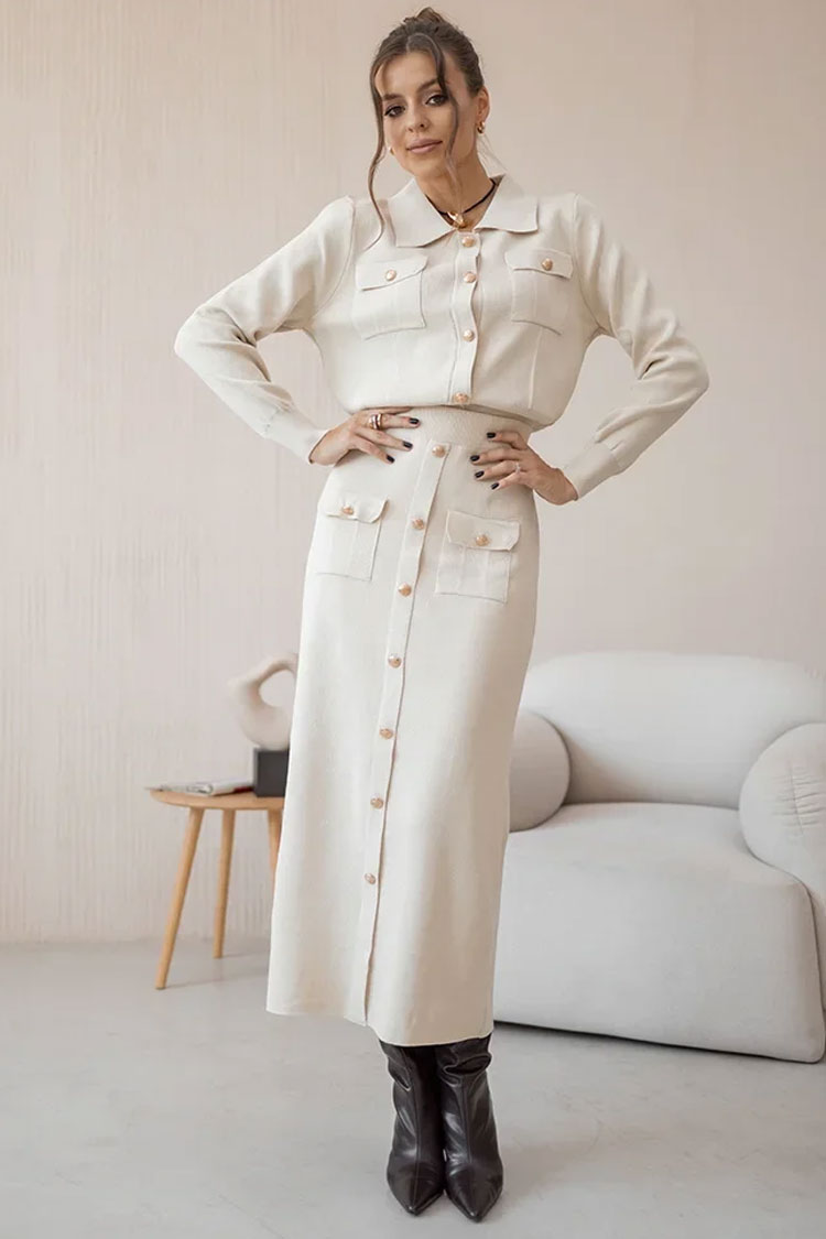Graceful Patch Pocket Button Up Collared Cardigan Two Piece Midi Dress - Beige