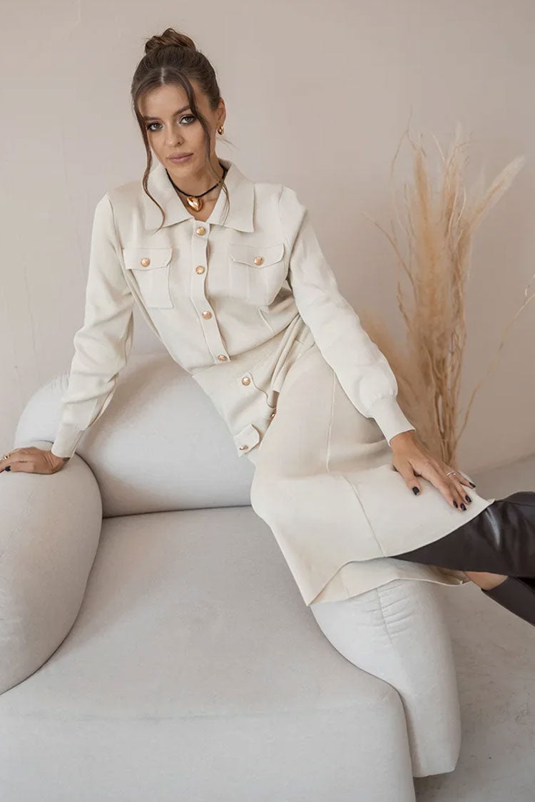 Graceful Patch Pocket Button Up Collared Cardigan Two Piece Midi Dress - Beige