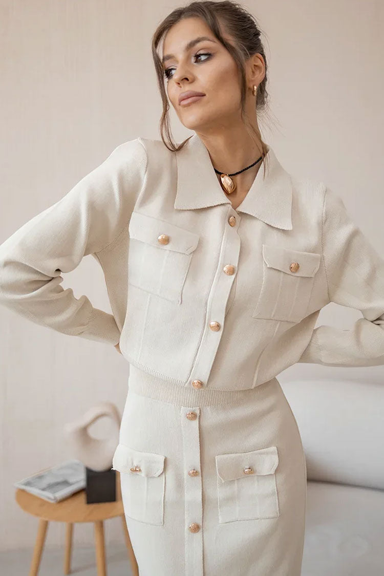 Graceful Patch Pocket Button Up Collared Cardigan Two Piece Midi Dress - Beige