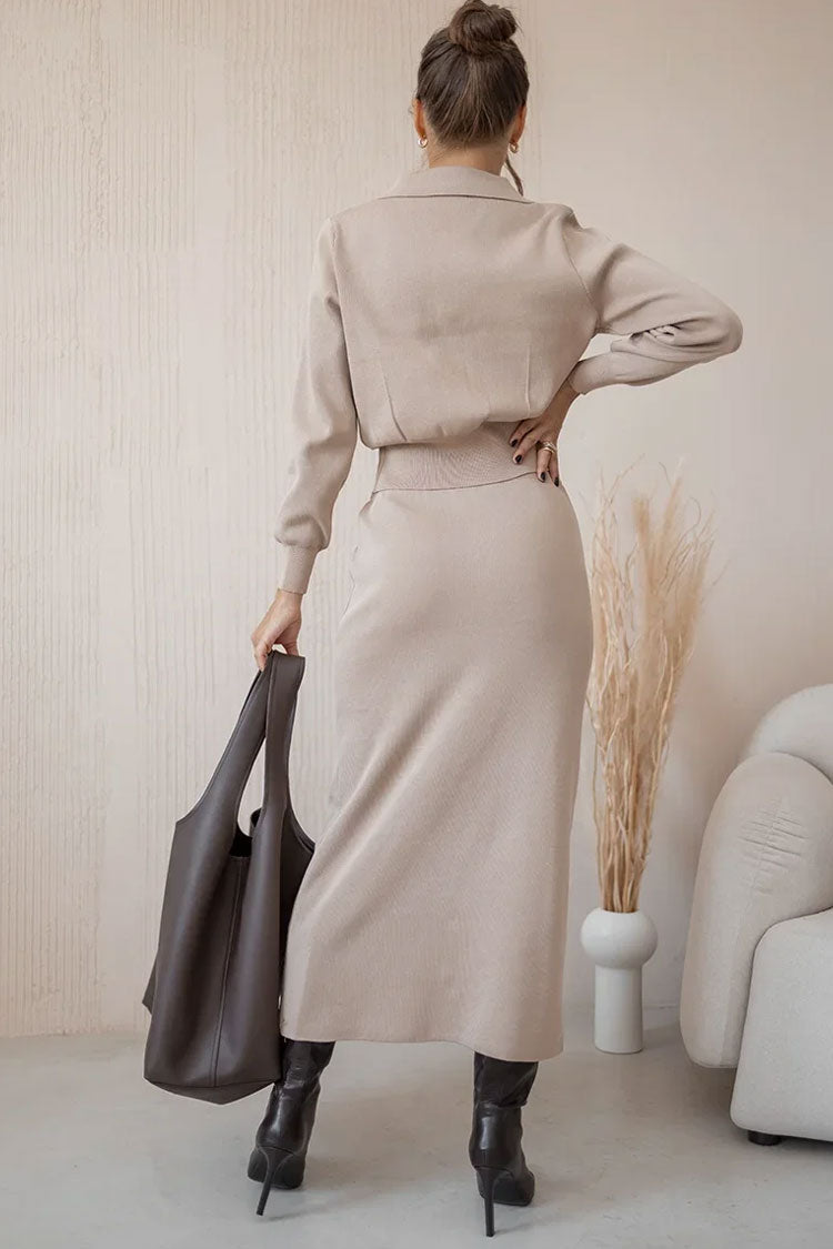 Graceful Patch Pocket Button Up Collared Cardigan Two Piece Midi Dress - Khaki