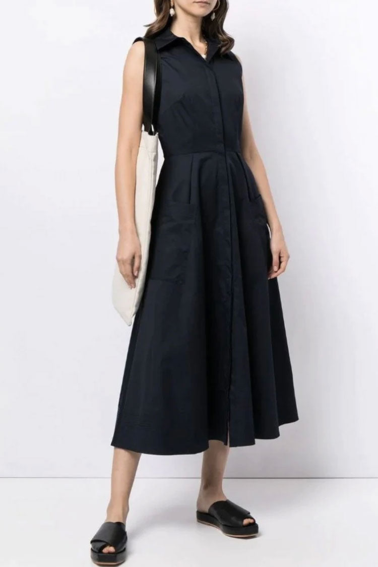 Graceful Sleeveless Cargo Pocket Button Down Skater Midi Dress - Black