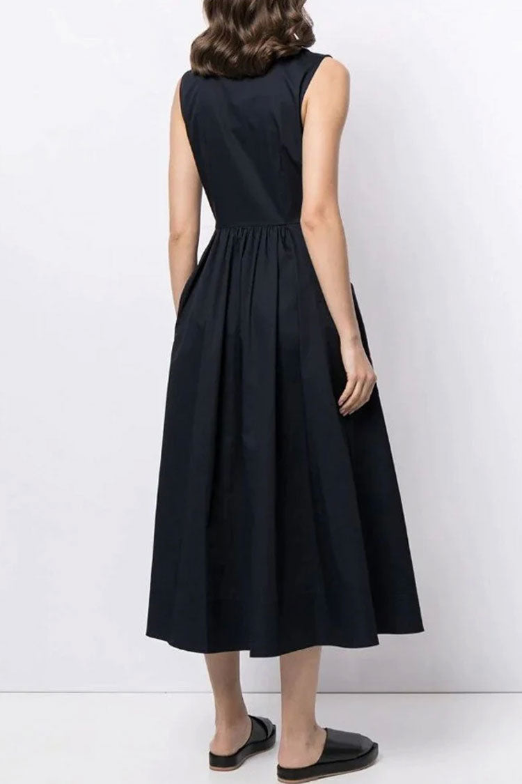 Graceful Sleeveless Cargo Pocket Button Down Skater Midi Dress - Black