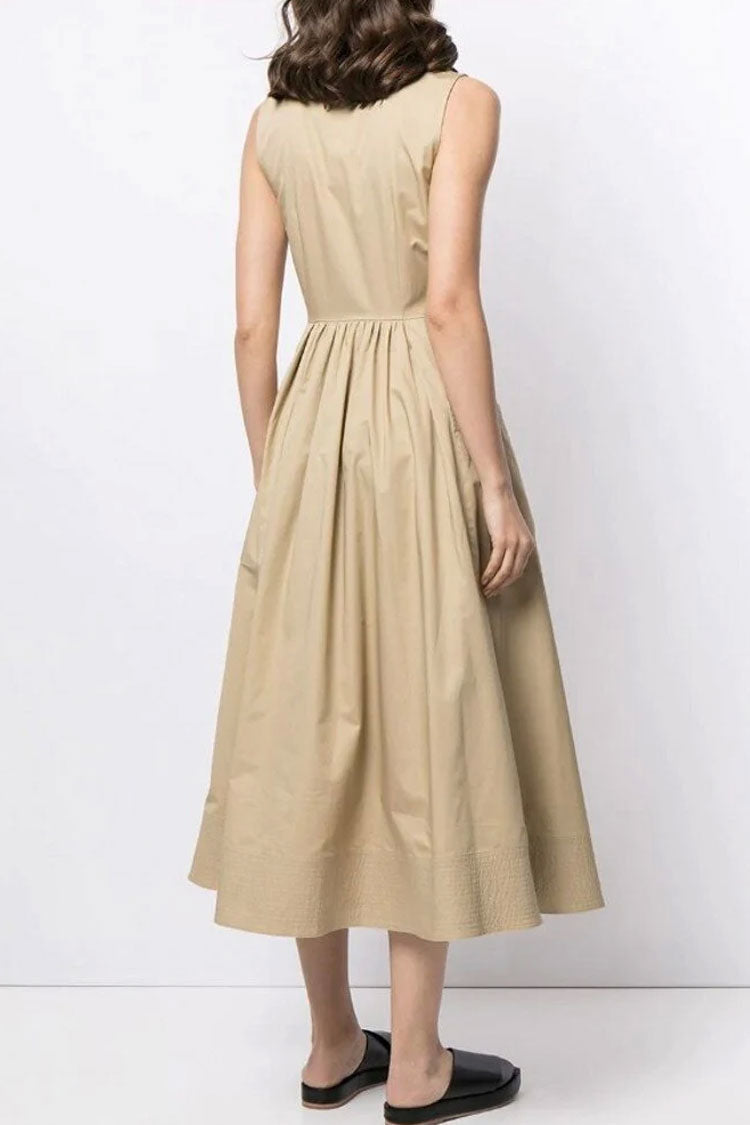 Graceful Sleeveless Cargo Pocket Button Down Skater Midi Dress - Khaki