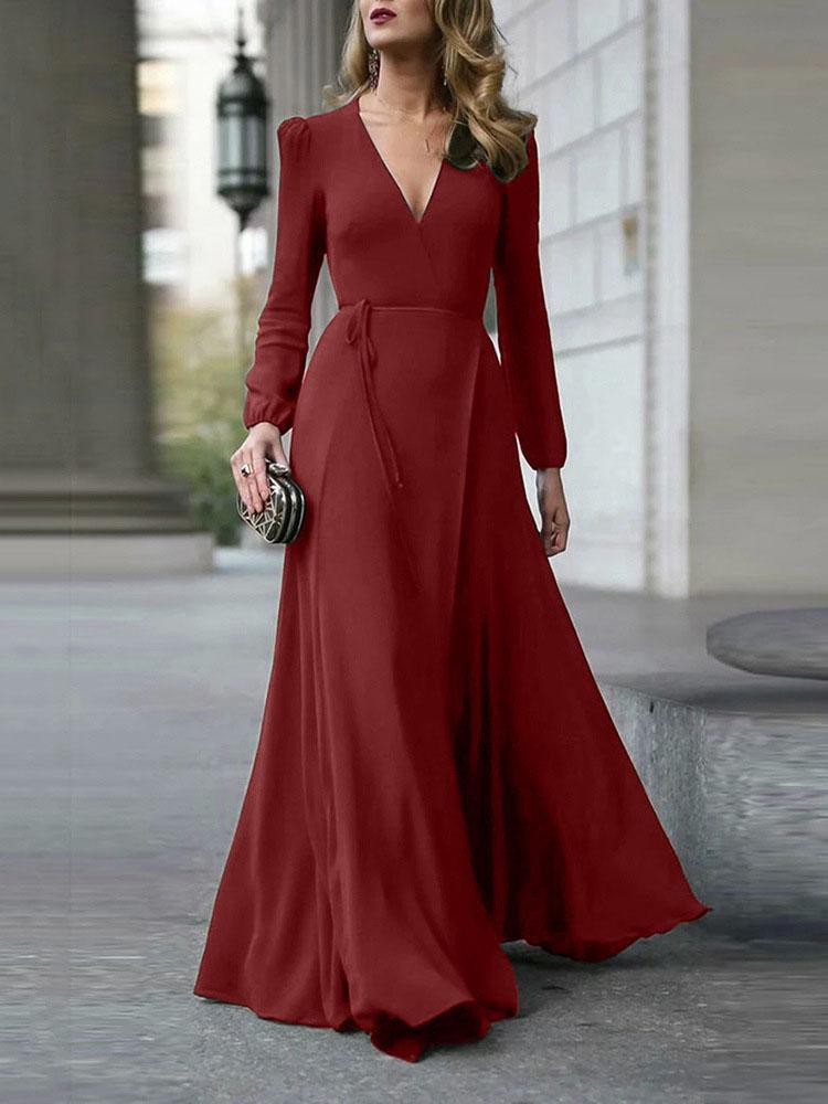 Chic Solid V neck Lace up Dress