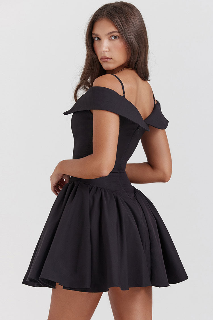 Graceful Spaghetti Strap Off Shoulder Drop Waist Fit & Flare Party Mini Dress - Black