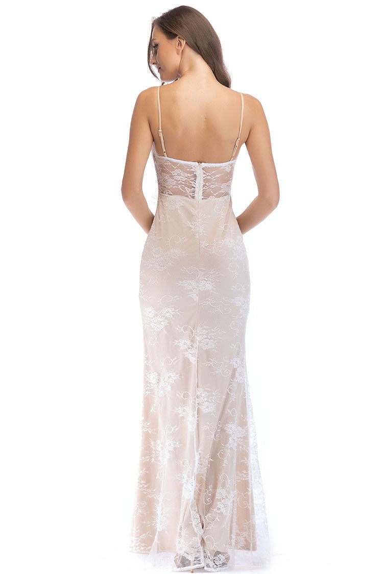 Graceful Sweetheart Spaghetti Strap High Split Lace Evening Maxi Dress - Beige
