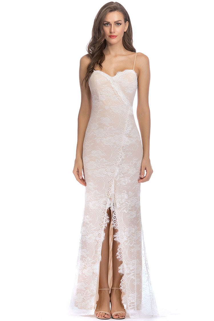 Graceful Sweetheart Spaghetti Strap High Split Lace Evening Maxi Dress - Beige