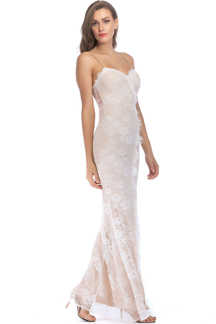 Graceful Sweetheart Spaghetti Strap High Split Lace Evening Maxi Dress - Beige