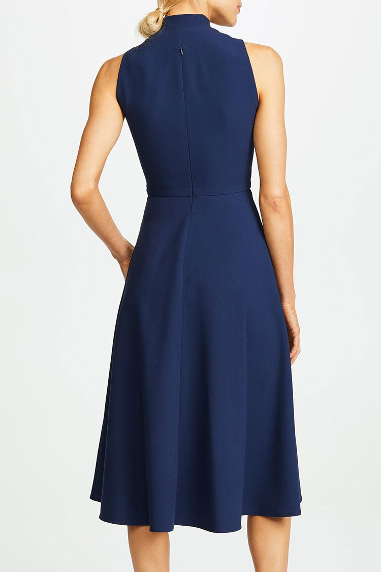 Graceful Tie Neck Sleeveless Fit & Flare Skater Midi Dress - Navy Blue