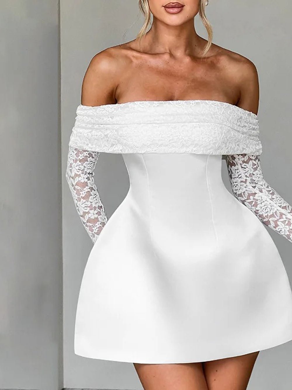 Off Elodie Shoulder Lace Mini Dress