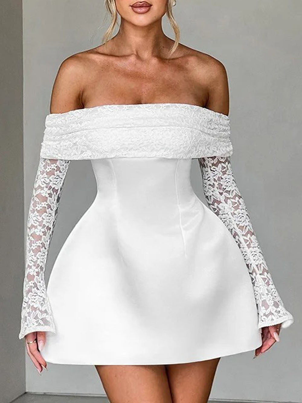Off Elodie Shoulder Lace Mini Dress