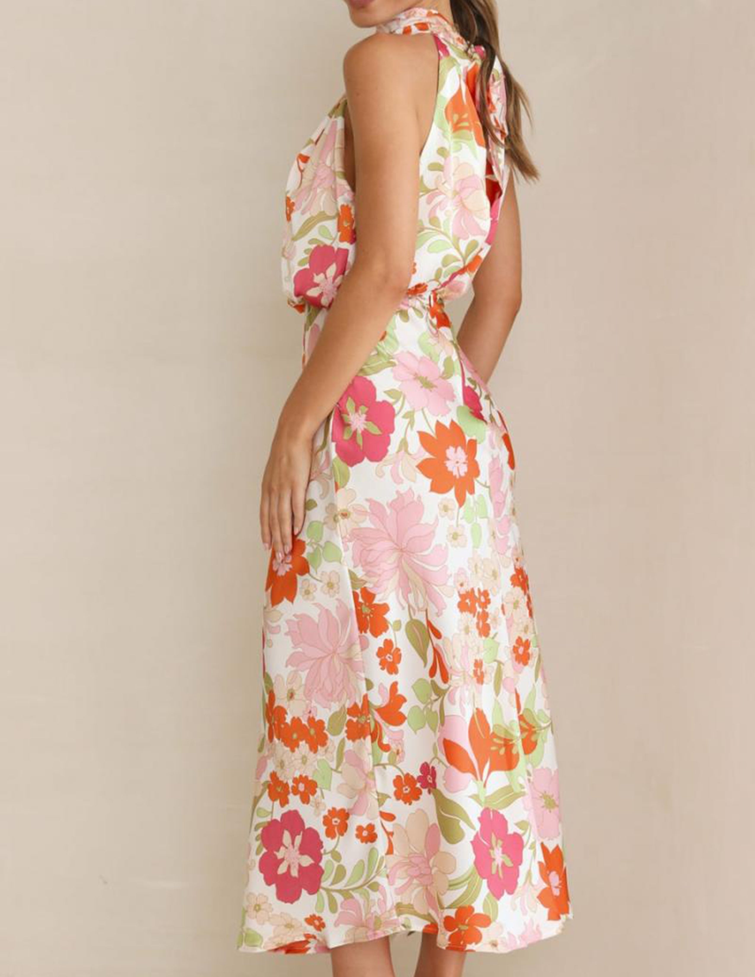 Botanical Halter Neck Elastic Waist Maxi Dress