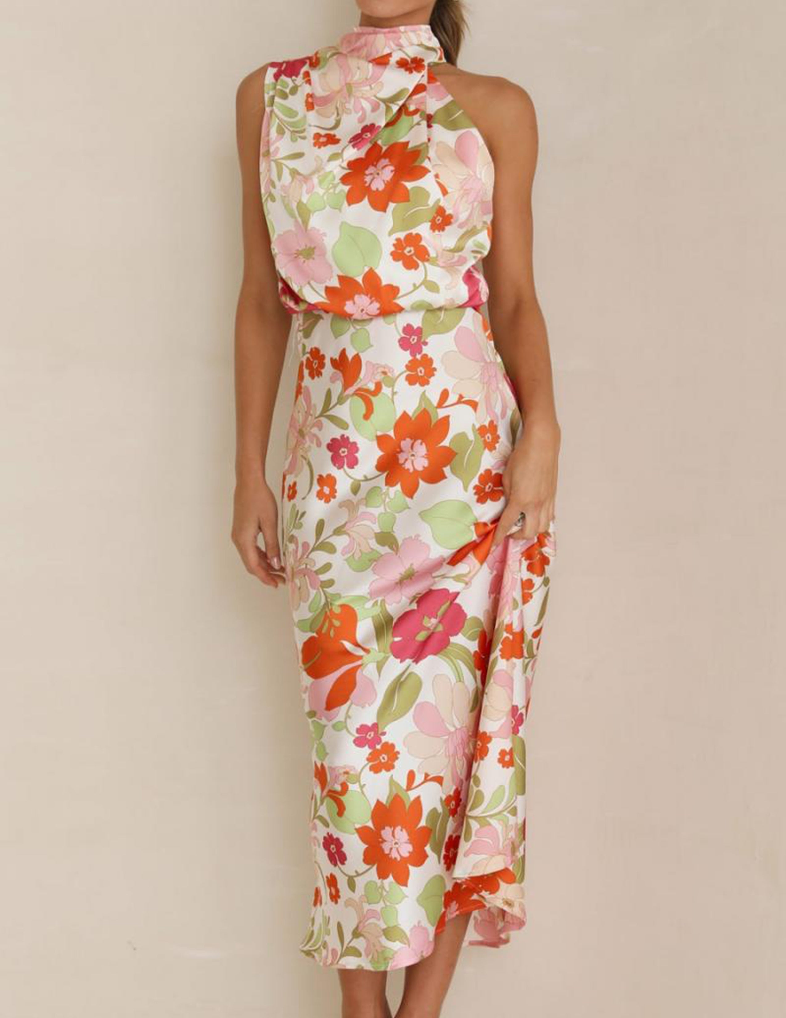 Botanical Halter Neck Elastic Waist Maxi Dress
