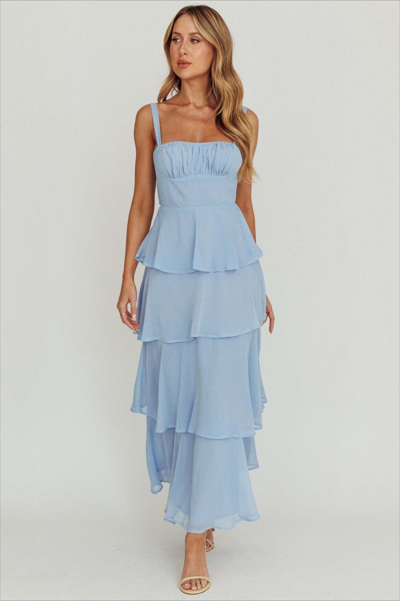 Alluring Backless Halter Tiered Ruched Waist Maxi Prom Dress