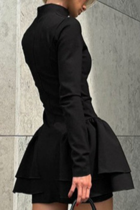 High Black Neck Ruffle Mini Dress