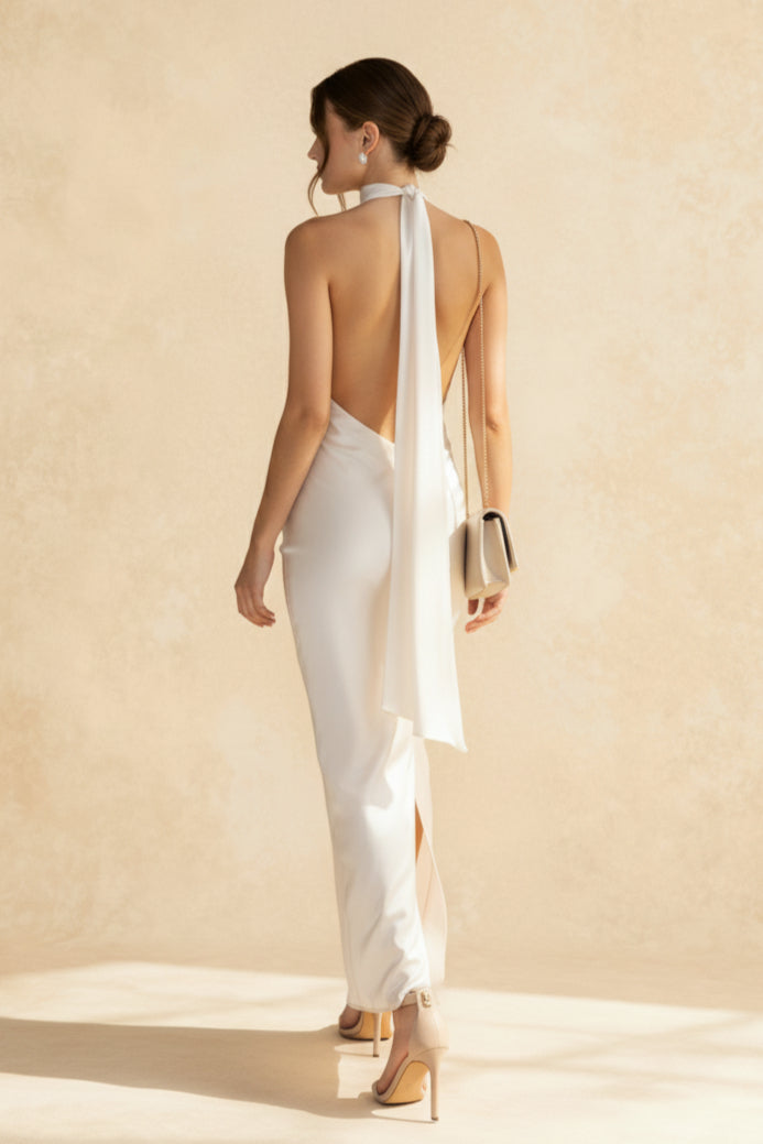 Retro Solid Satin Backless Maxi Dress