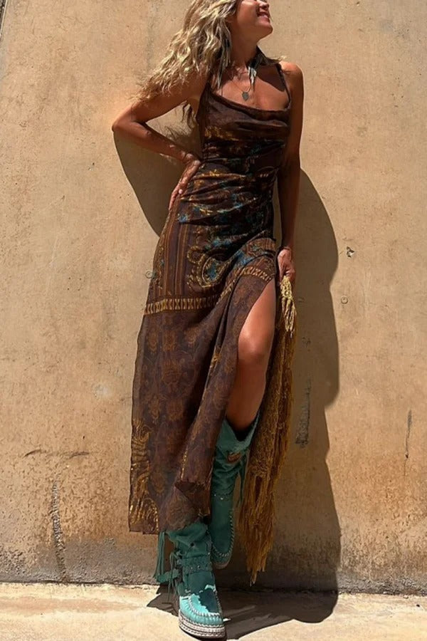 Exclusive Griselda Midi Dress with a Unique Gypsy Style Print, Cowl Neckline At the Back, Lace Up Fastening and Slit Evening Wear Edit