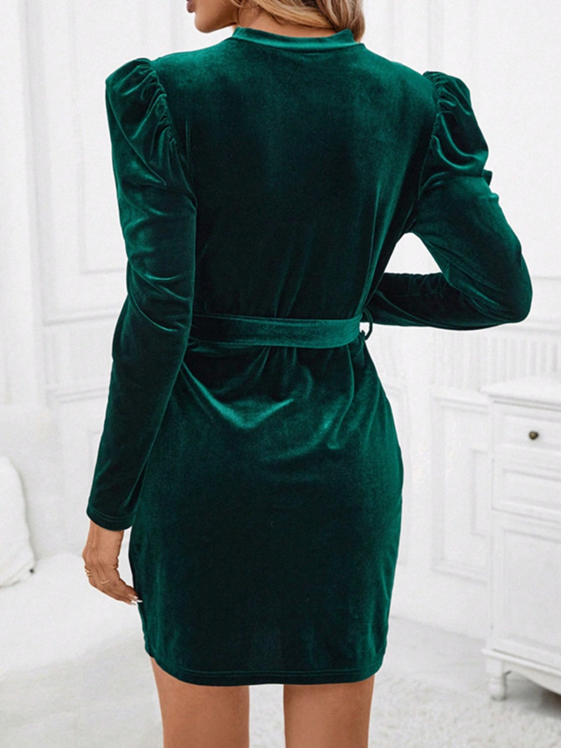 Timeless Noemí Mini Dress with Stand Up Collar, Tie Waist and Puff Sleeves Premium Wardrobe Essential