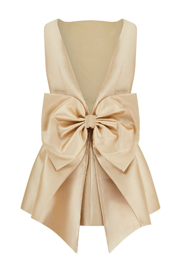 Premium Daisy Satin Mini Dress with Oversized Bow Detail and Square Neckline Wardrobe Essential