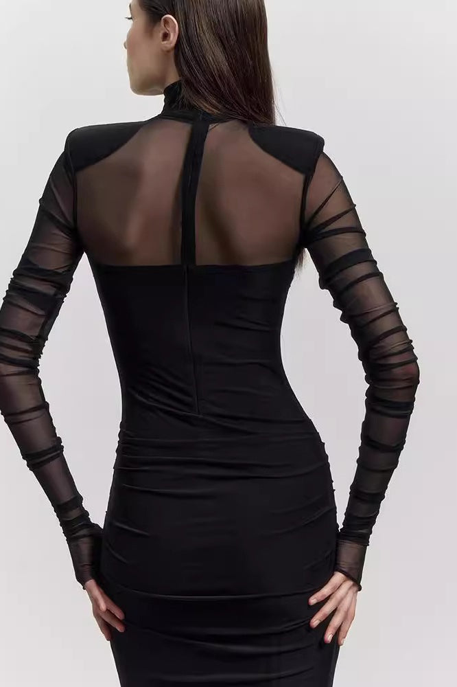 Panel Mesh Turtleneck Bodycon Midi Dress