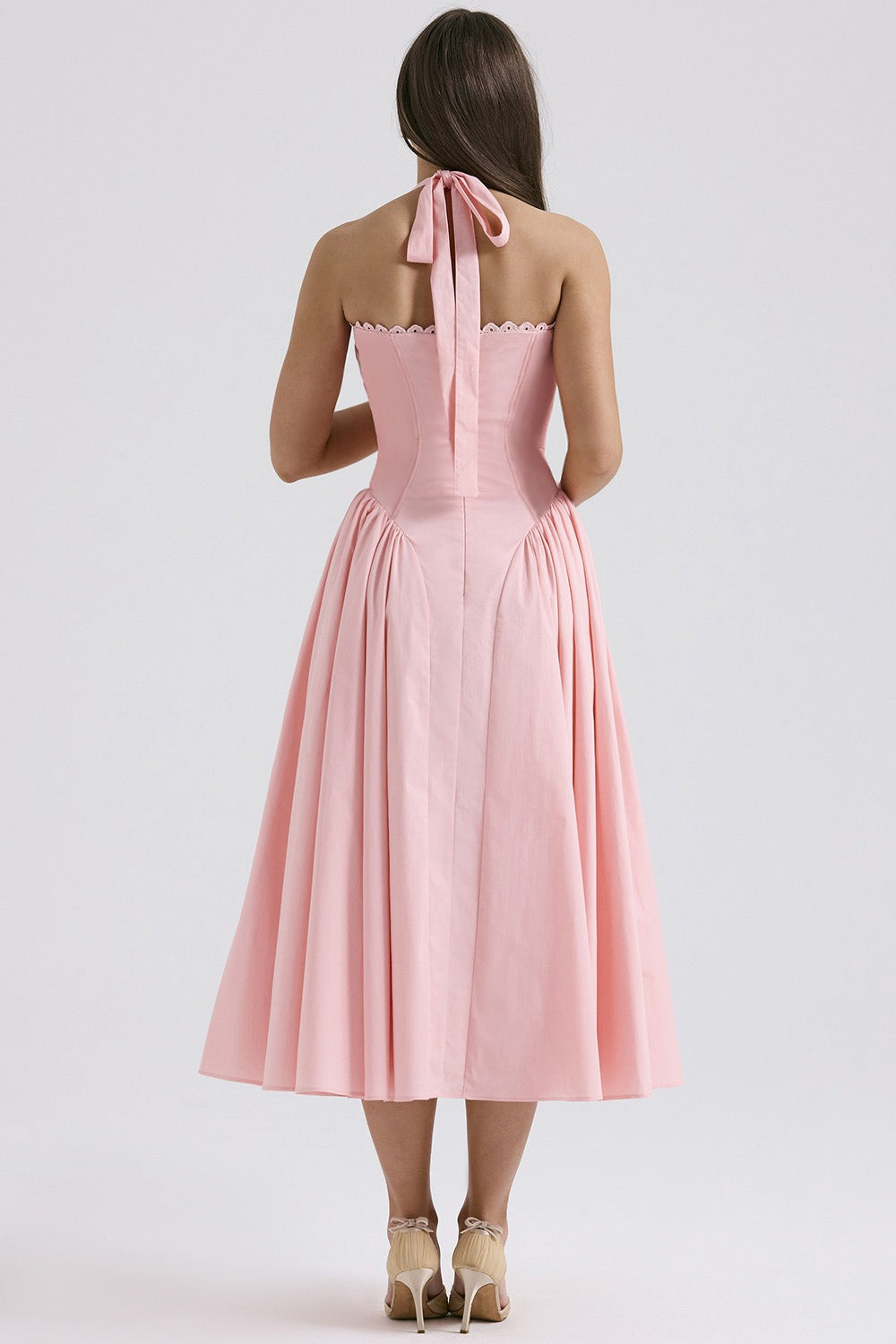 Flower Halter Lace Trim Long Sleeveless Prom Dress
