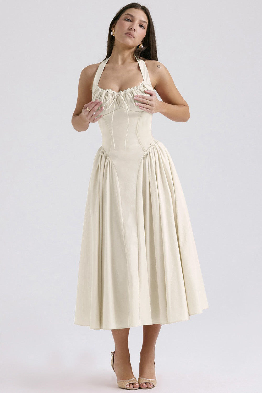 Flower Halter Lace Trim Long Sleeveless Prom Dress